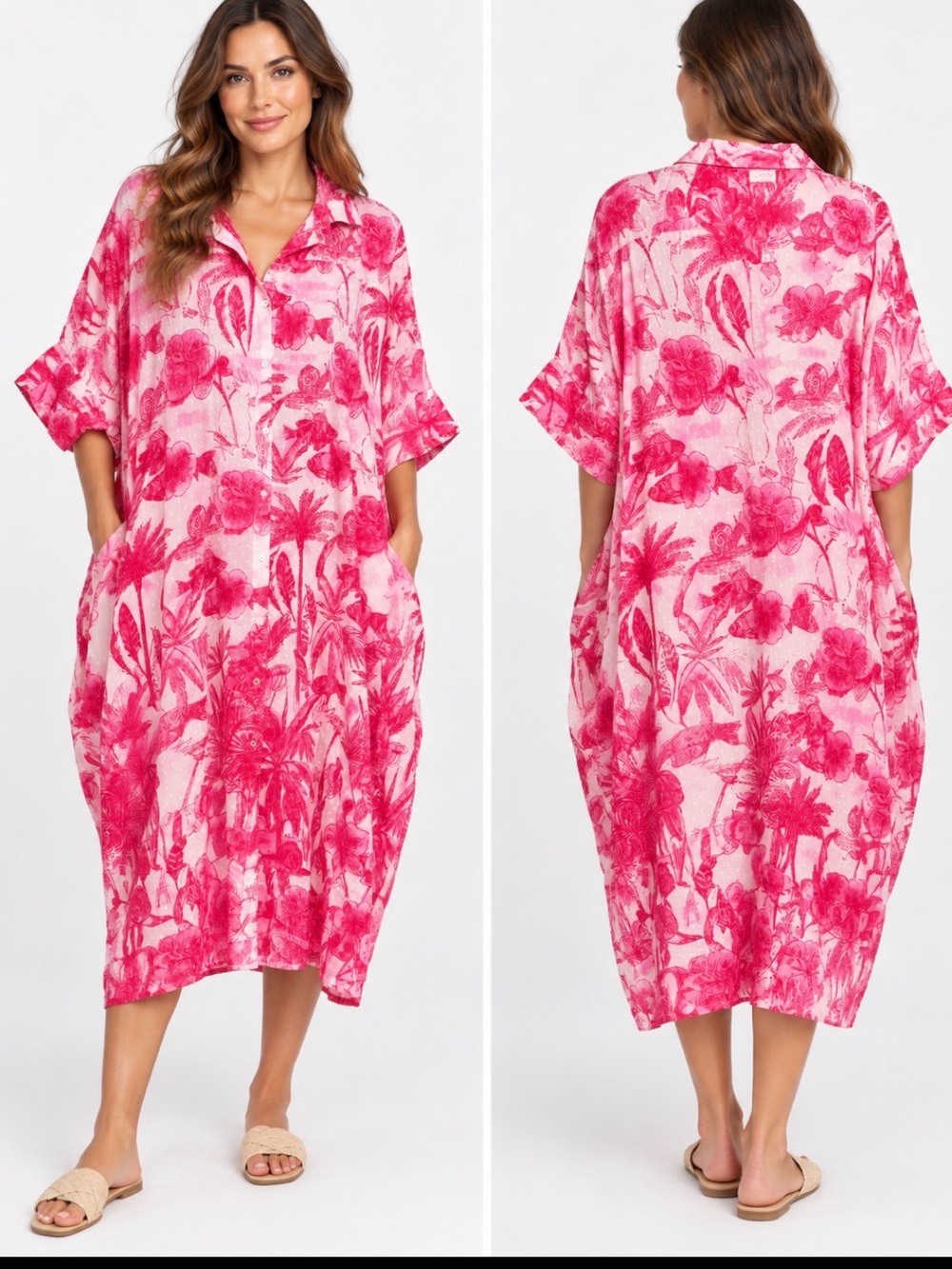 Ranee’s Pink White Tropical Toile Cotton Caftan Shirt Dress L/XL